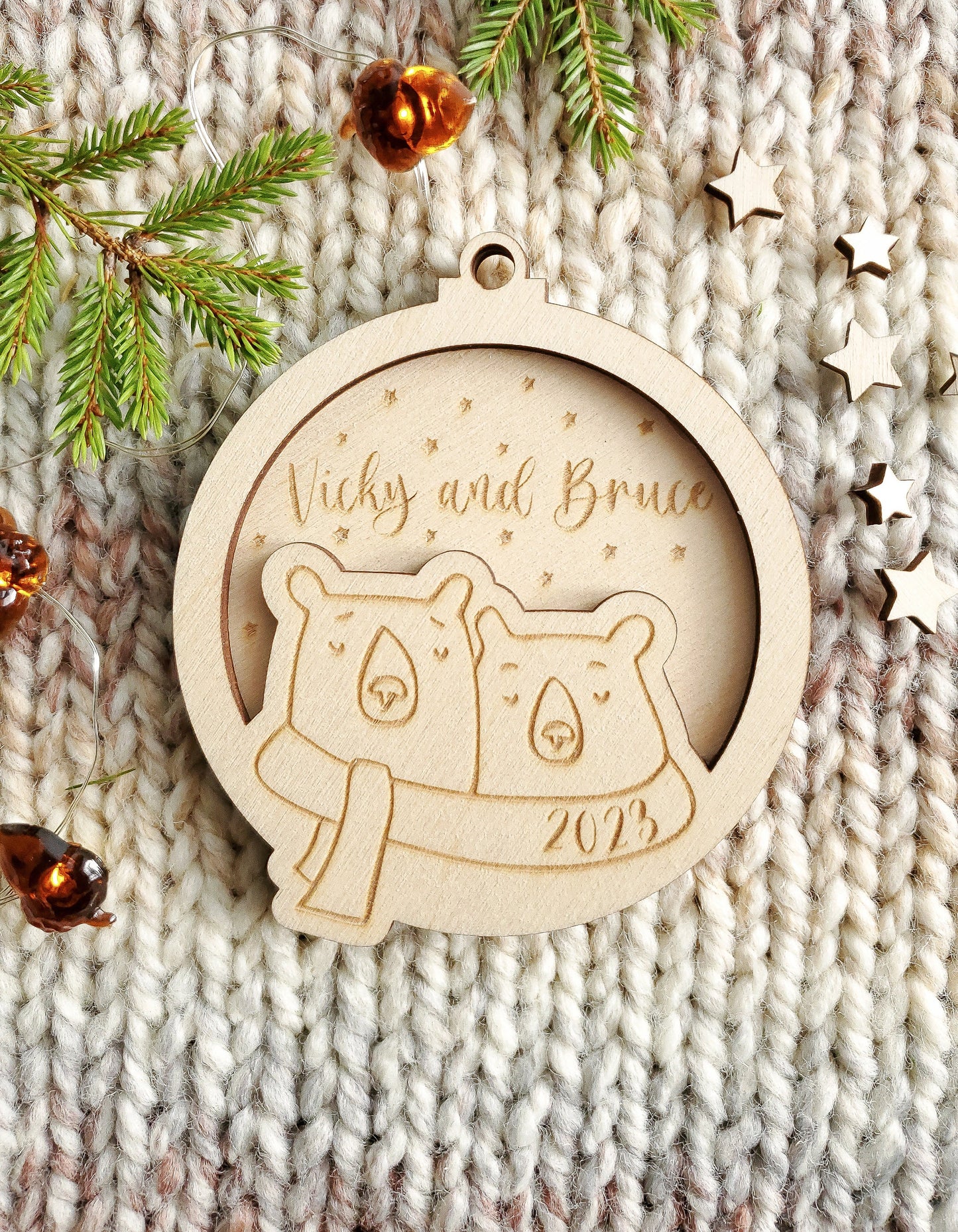 Personalised Christmas tree ornament for couples | Engraved bauble | Mr and Mrs ornament | scandi Christmas || gift for wife and husband