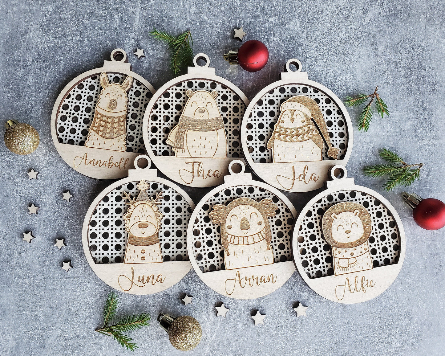 Personalised 3D Christmas ornaments | name Christmas bauble rattan | scandi | engraved wooden Christmas bauble | cute Christmas animals