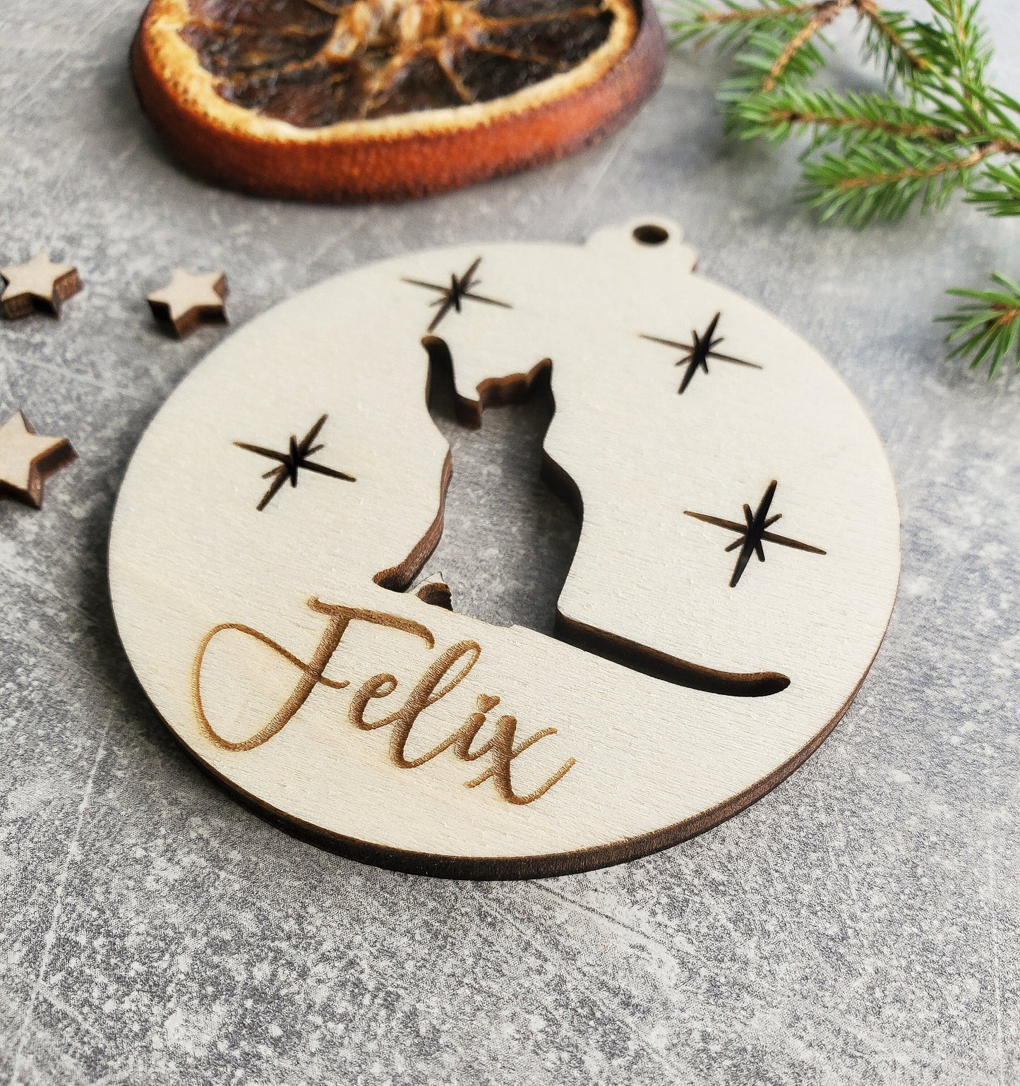 Personalised Christmas tree cat ornament | Engraved Christmas cat bauble | wooden name Christmas ornament | pet name | cat Christmas