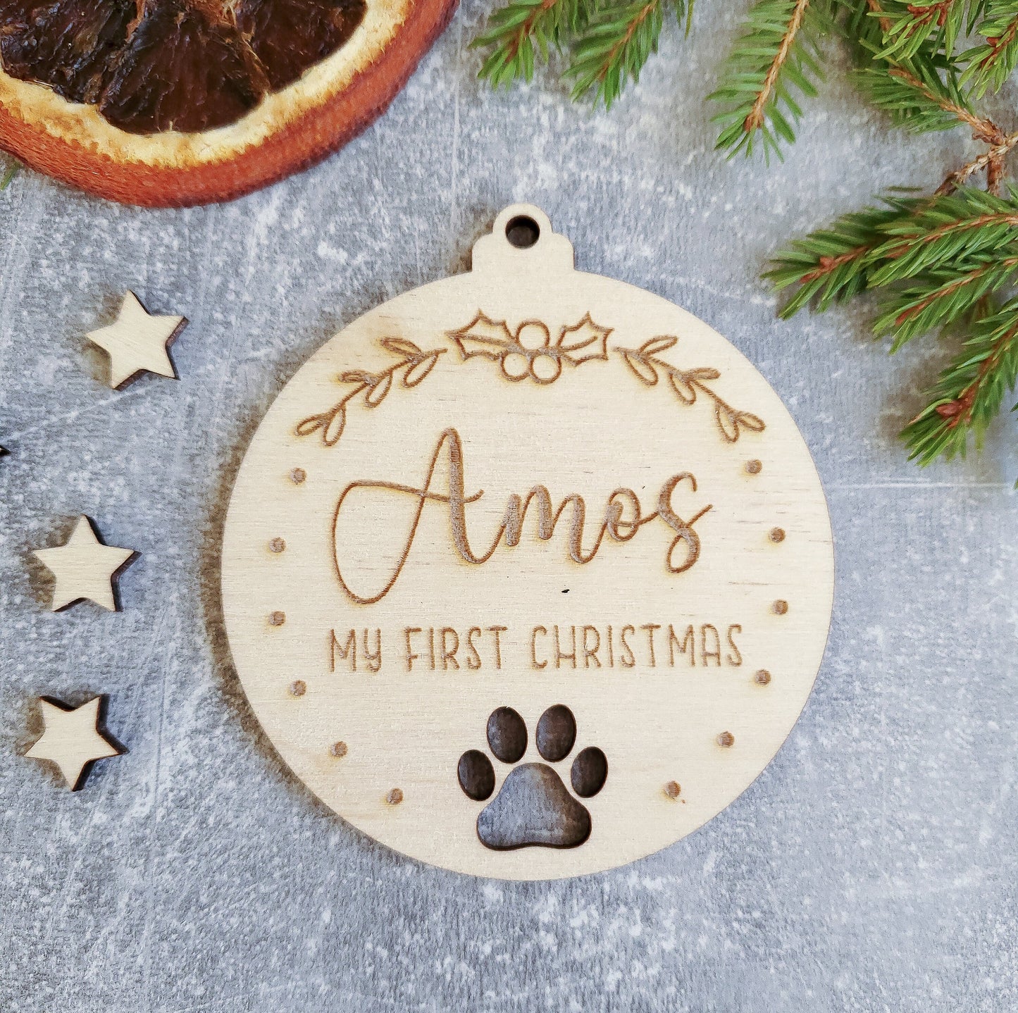Personalised Engraved Christmas tree dog ornament | Wooden Engraved Christmas puppy bauble | pet name | dog's first Christmas | dog gift
