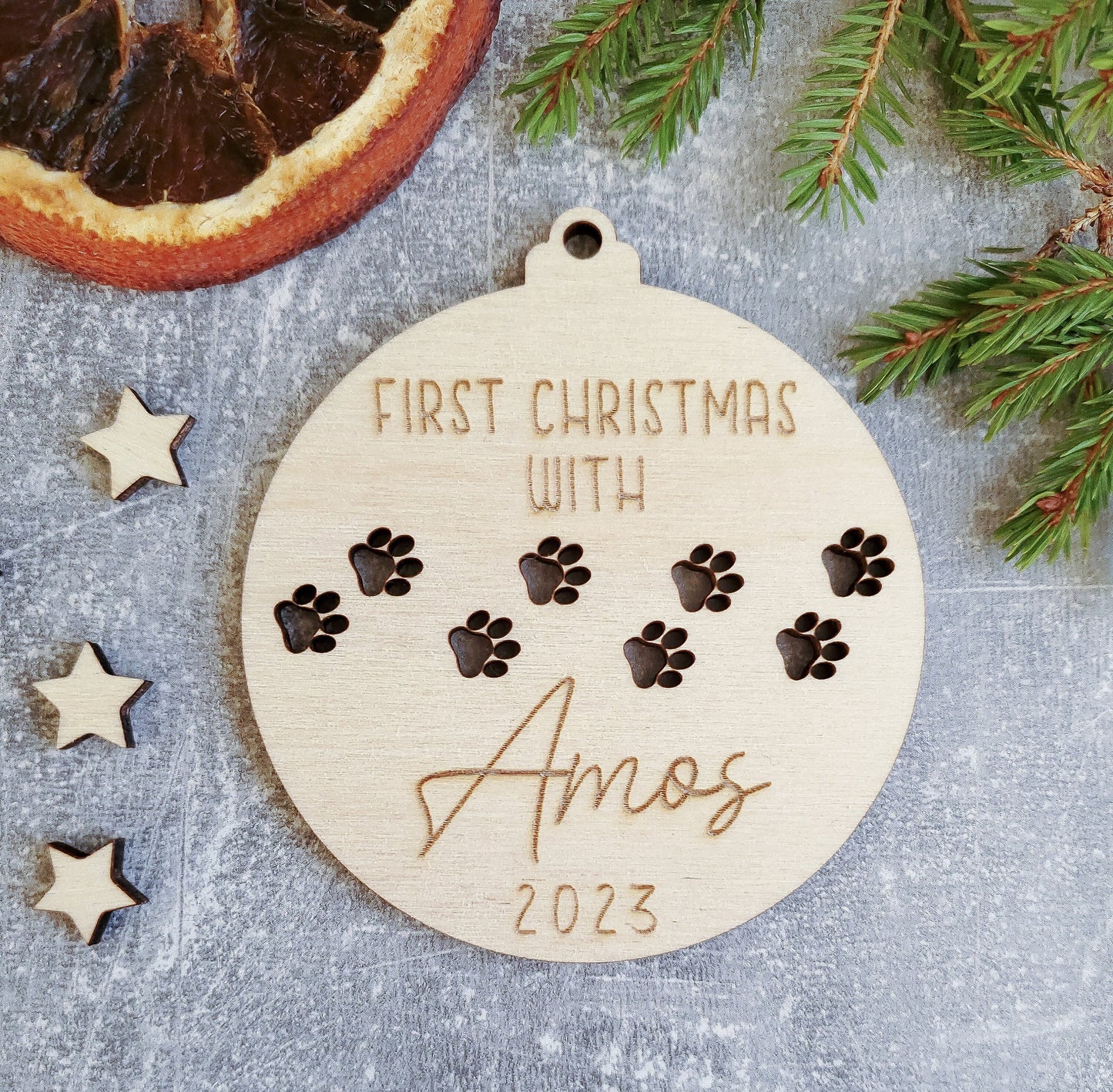 Personalised Engraved Christmas tree dog ornament | Wooden Engraved Christmas puppy bauble | pet name | dog's first Christmas | dog gift