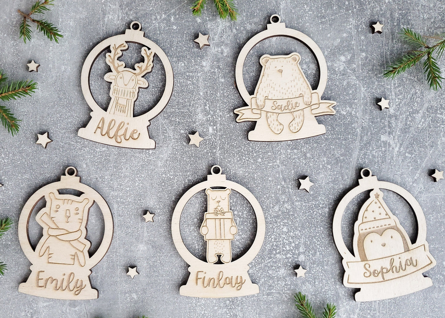Personalised Christmas ornament | Christmas bauble | scandi Christmas snowball | engraved wooden Christmas bauble | cute Christmas animals
