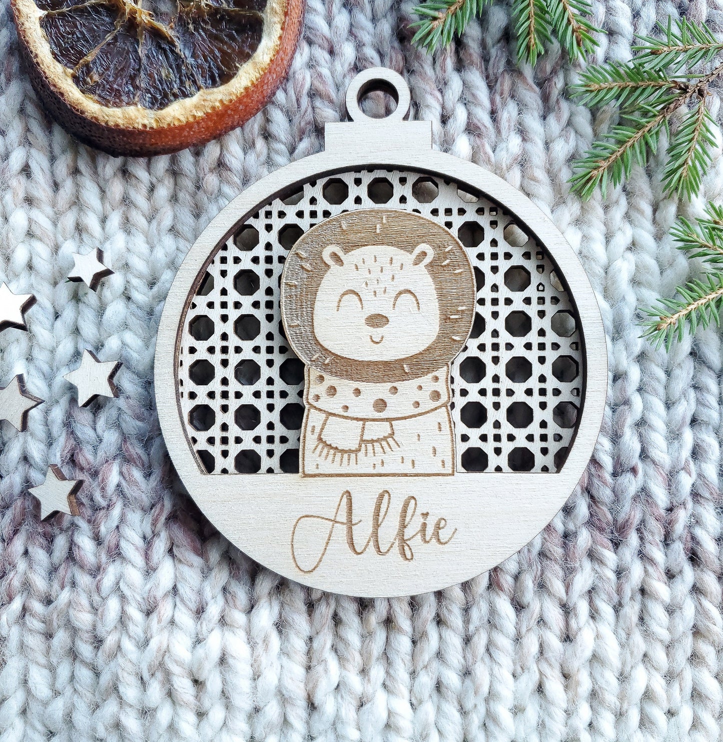 Personalised 3D Christmas ornaments | name Christmas bauble rattan | scandi | engraved wooden Christmas bauble | cute Christmas animals