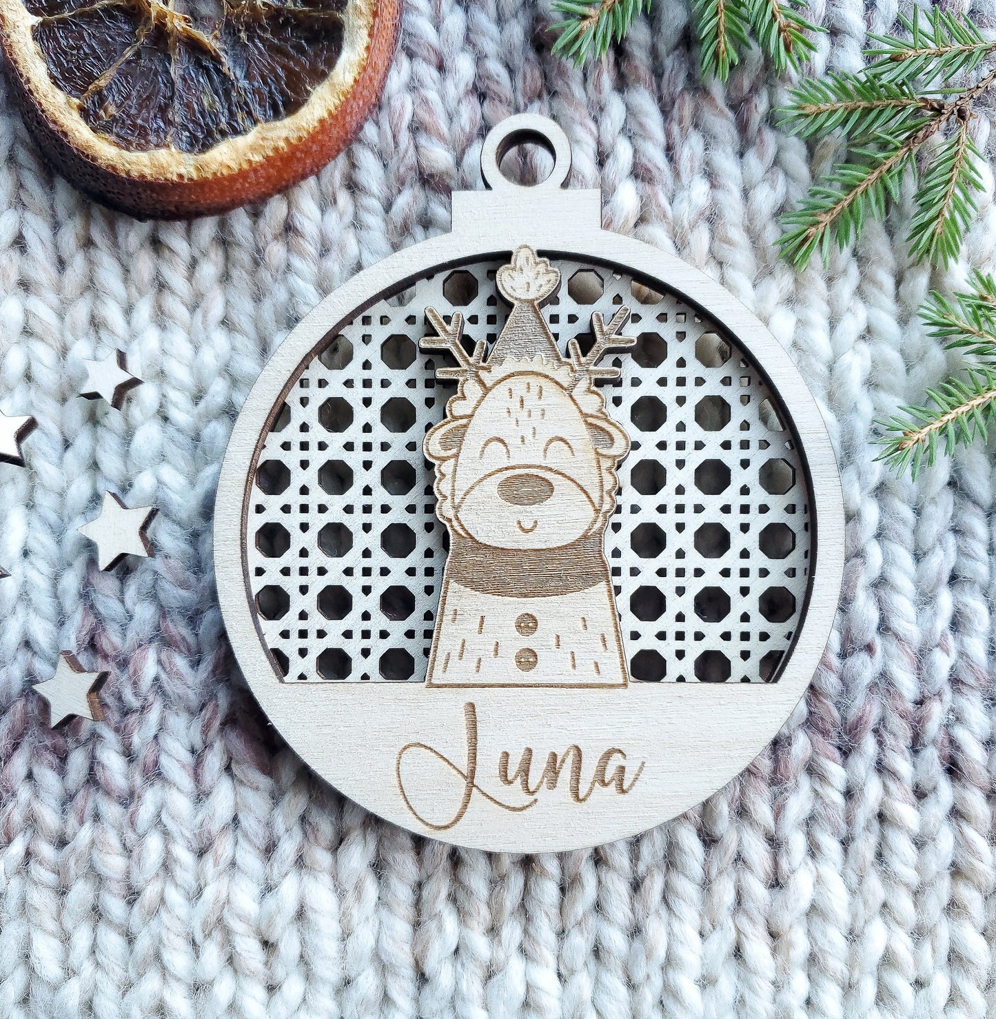 Personalised 3D Christmas ornaments | name Christmas bauble rattan | scandi | engraved wooden Christmas bauble | cute Christmas animals