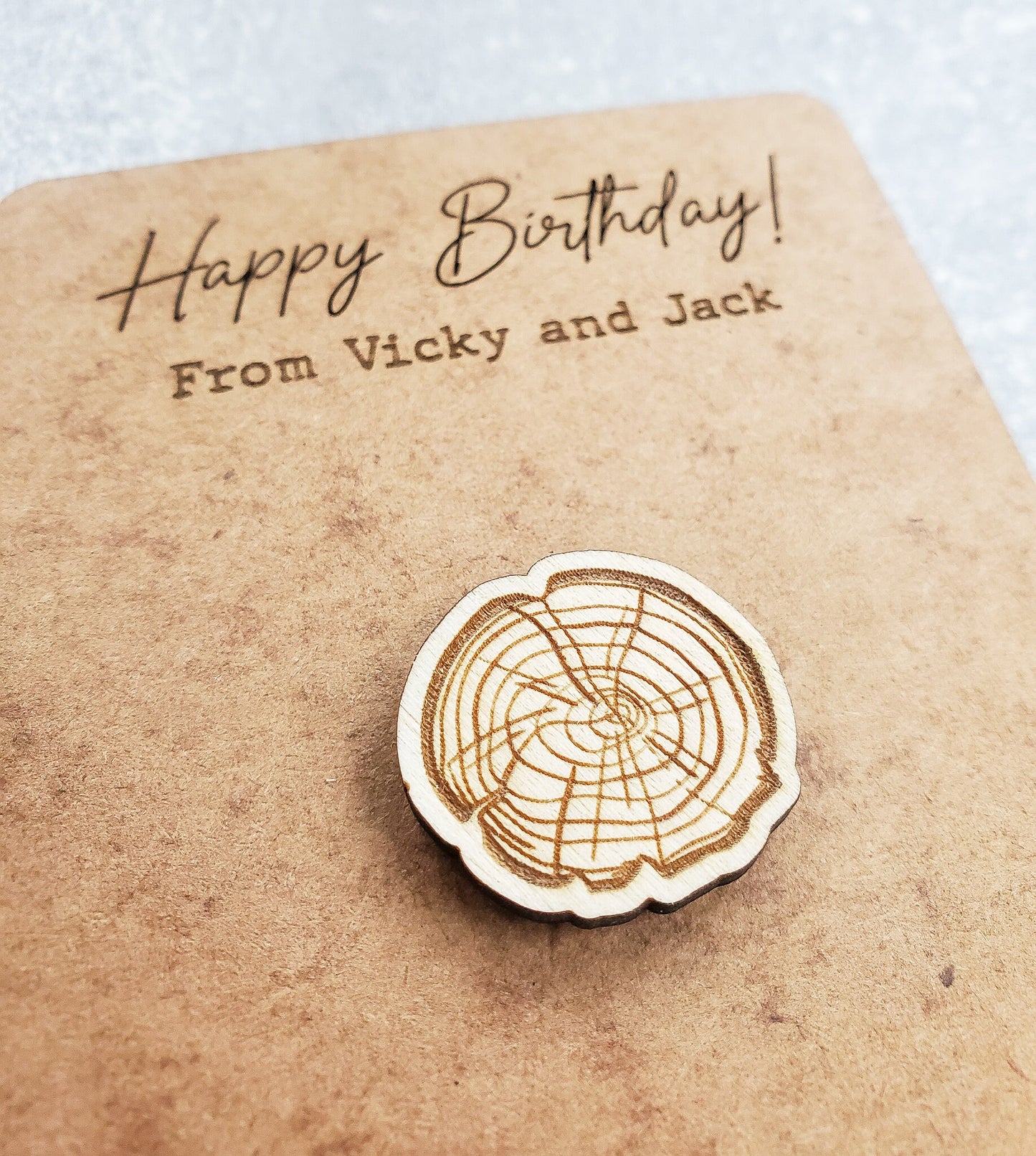 Wooden badge pin brooch with a personalised card | Personalised Birthday Card | Gift for Mum or Girlfriend | Bespoke Eco Friendly present