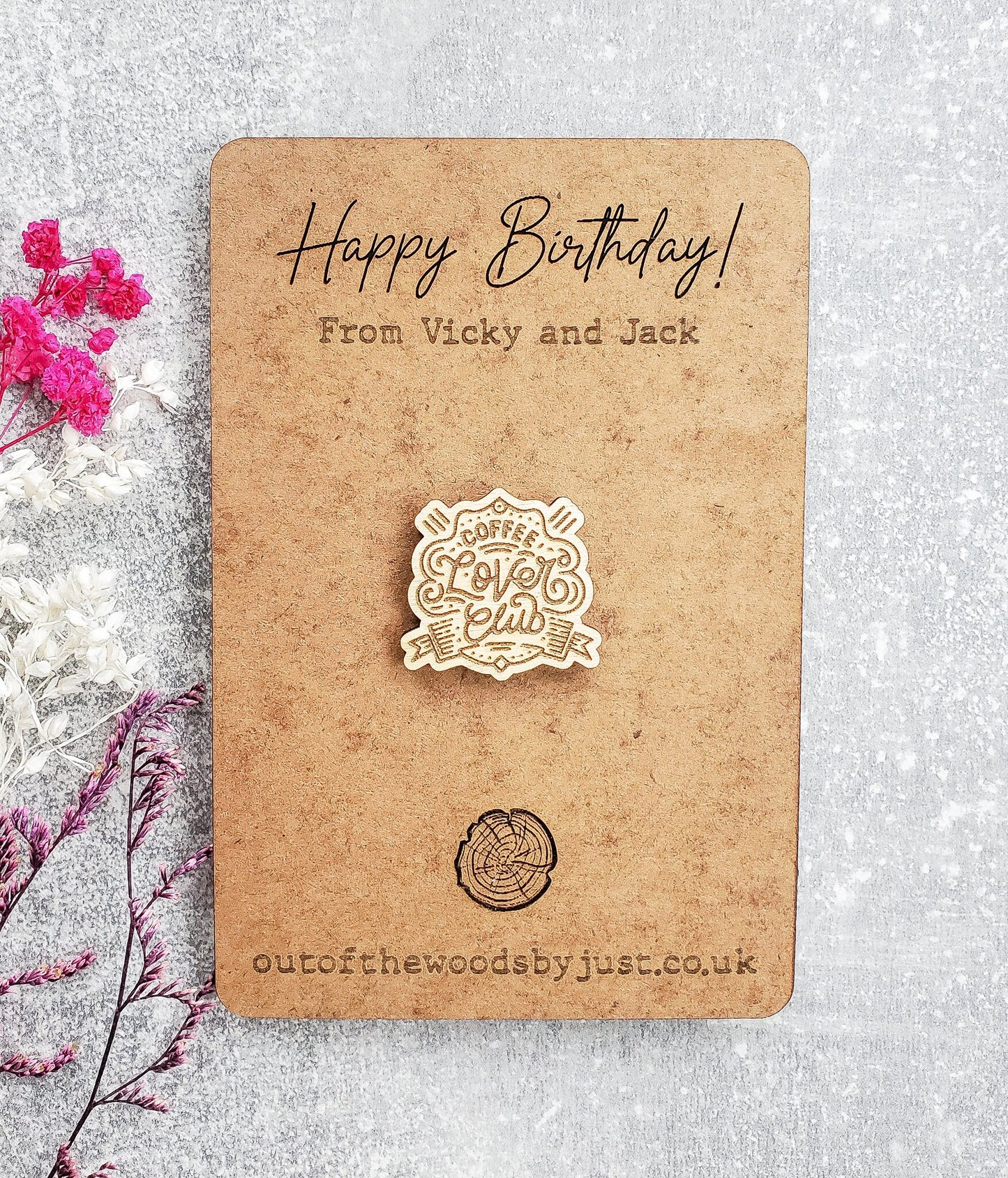 Wooden badge pin brooch with a personalised card | Personalised Birthday Card for a coffee lover | Gift for Boyfriend or Girlfriend