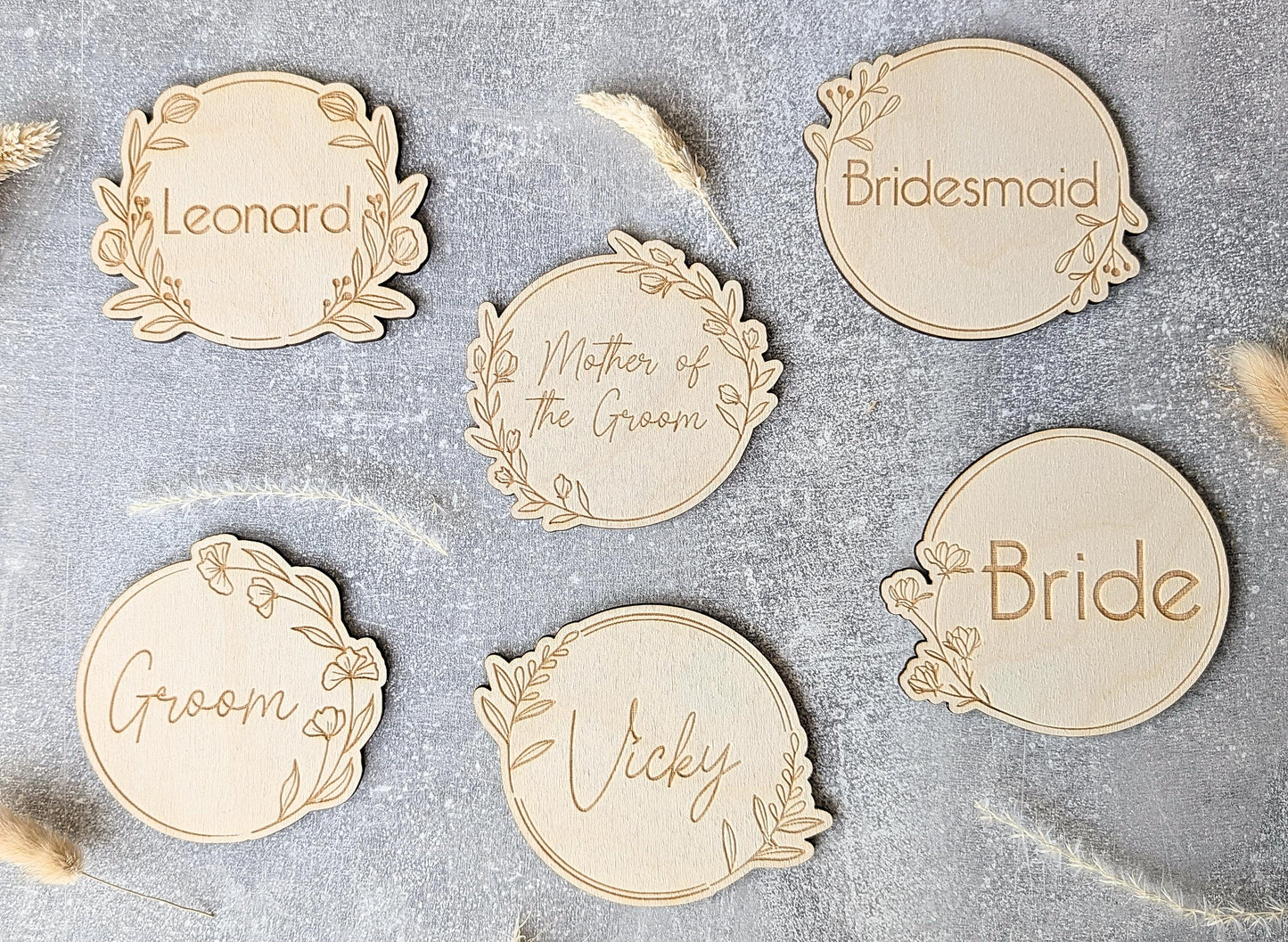 Wedding favors | Wedding place settings | Wedding coasters | Boho rustic botanical themed reception party | table settings