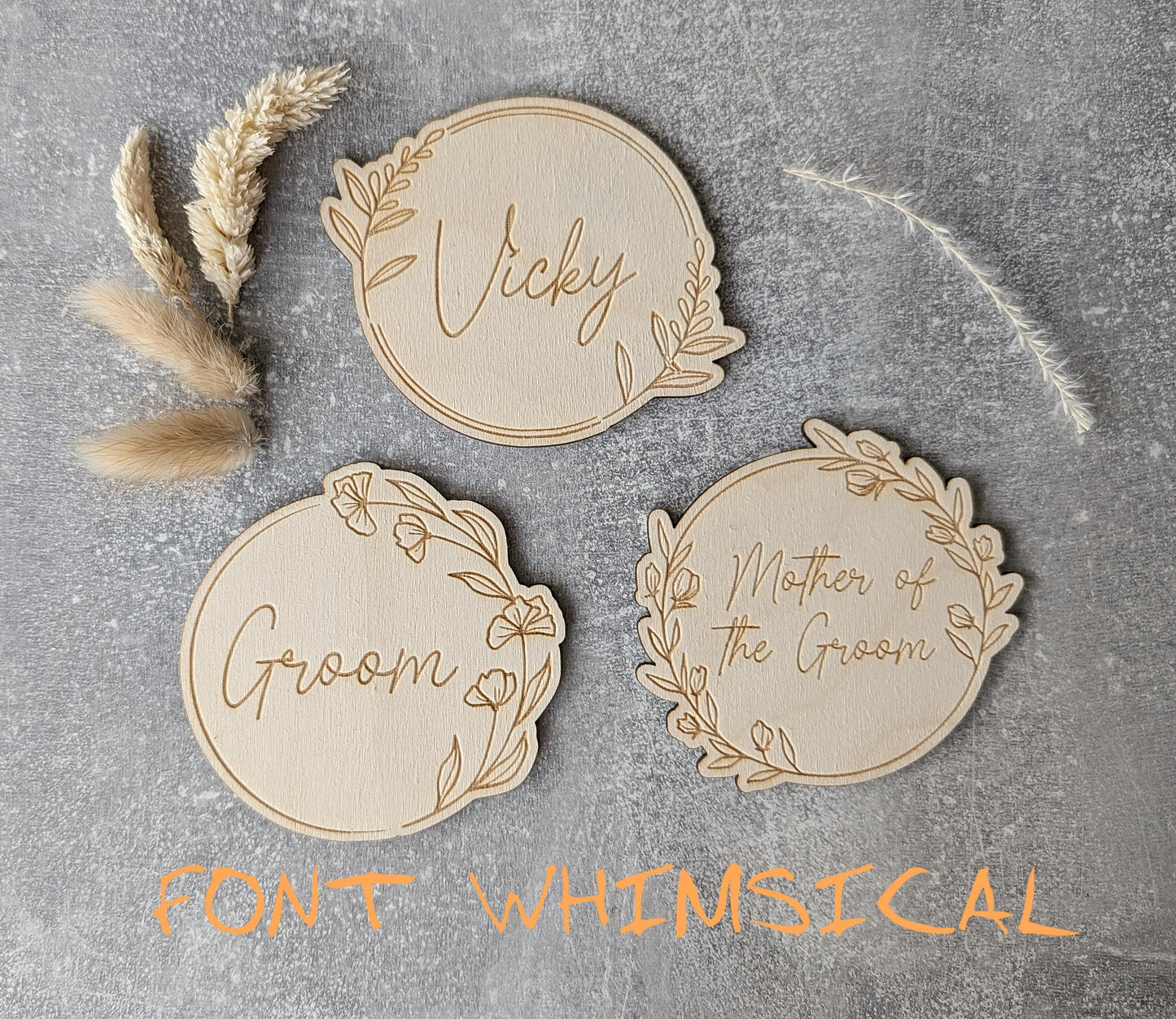 Wedding favors | Wedding place settings | Wedding coasters | Boho rustic botanical themed reception party | table settings