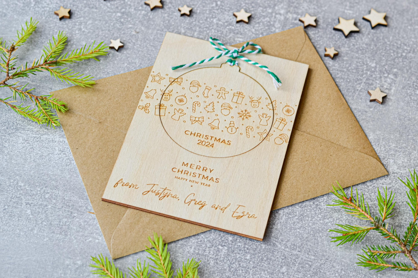 Personalised Wooden Christmas card | Christmas bauble | scandi Christmas card | engraved | card with a Christmas tree ornament bauble