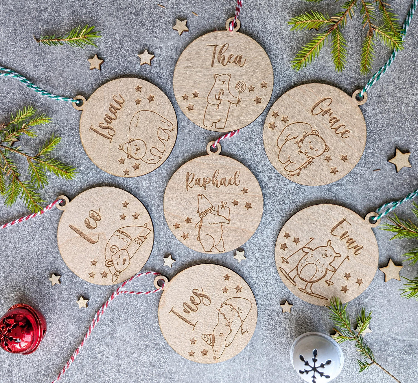 Personalised Christmas ornaments | Christmas bauble | scandi Christmas | engraved wooden Christmas bauble | cute Christmas bears | kids