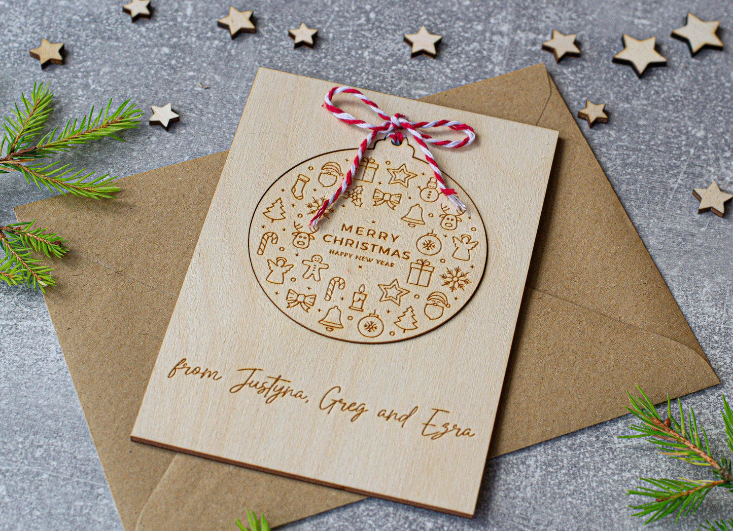 Personalised Wooden Christmas card | Christmas bauble | scandi Christmas card | engraved | card with a Christmas tree ornament bauble