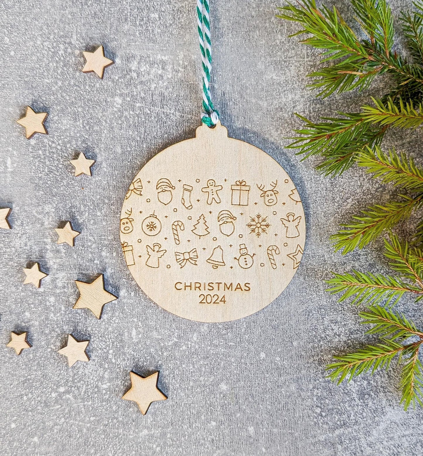 Personalised Wooden Christmas card | Christmas bauble | scandi Christmas card | engraved | card with a Christmas tree ornament bauble