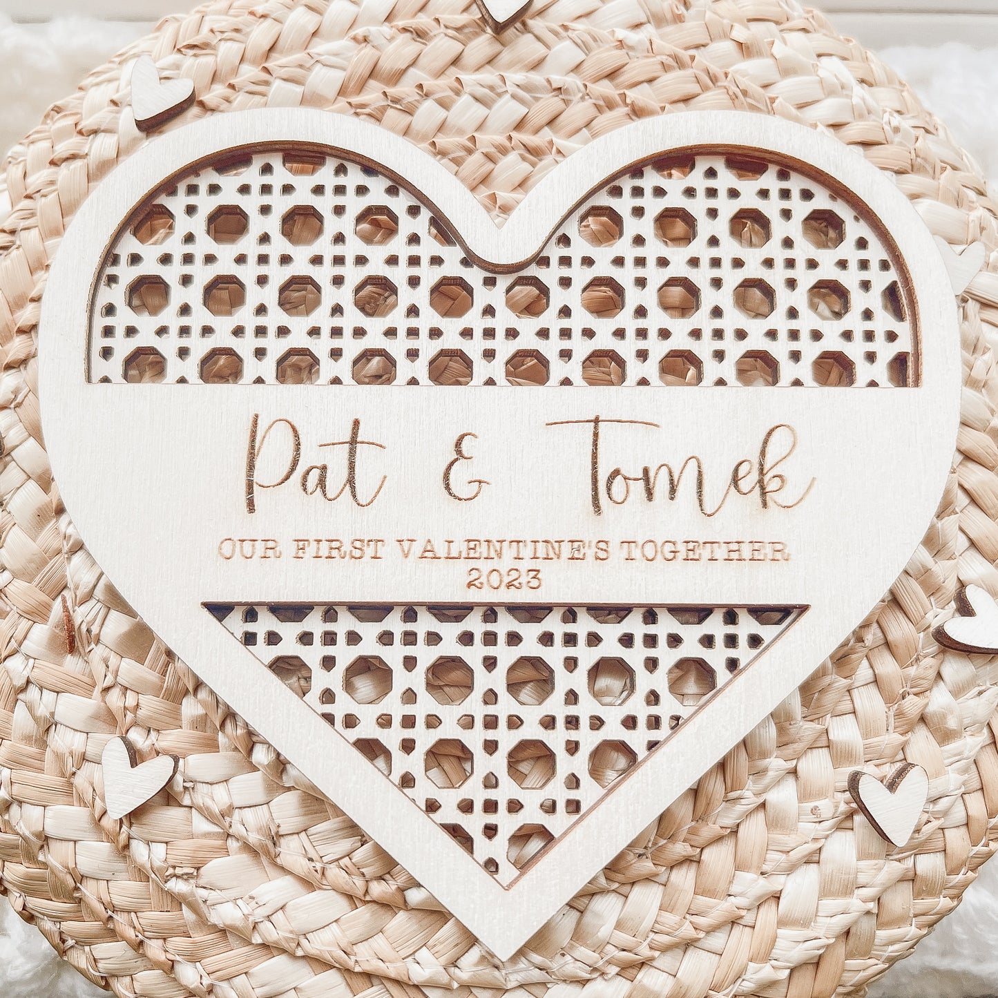 Our first Valentine's together plaque | wooden rattan couple heart | laser engraved | personalised 1st Valentines