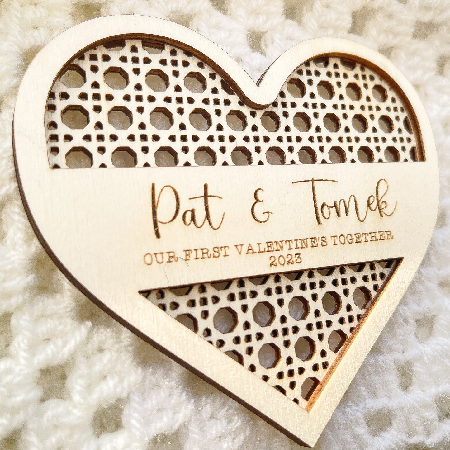 Our first Valentine's together plaque | wooden rattan couple heart | laser engraved | personalised 1st Valentines