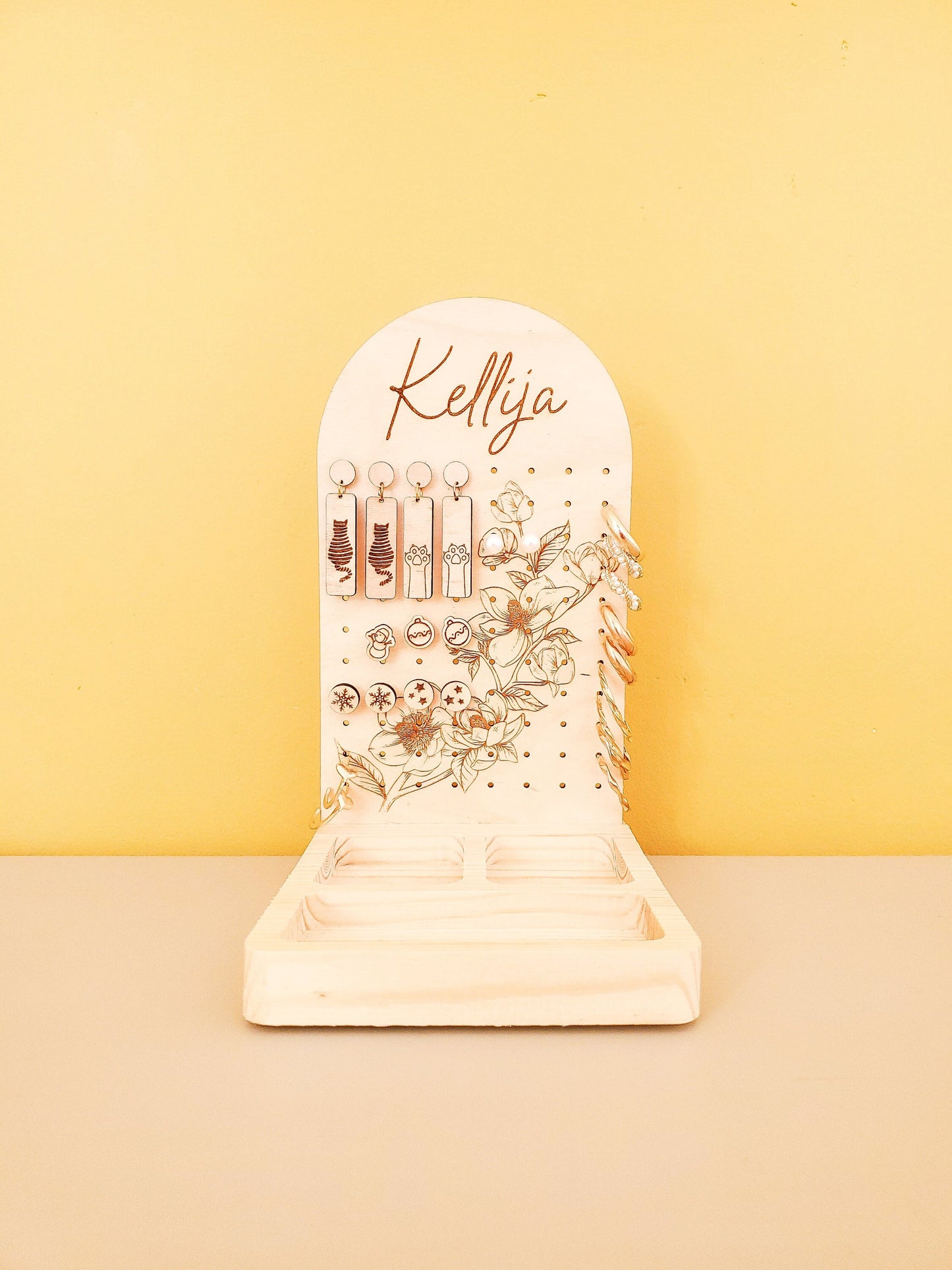 Personalised wooden jewellery tray and earring stand | Floral Earring stand | Boho jewellery display