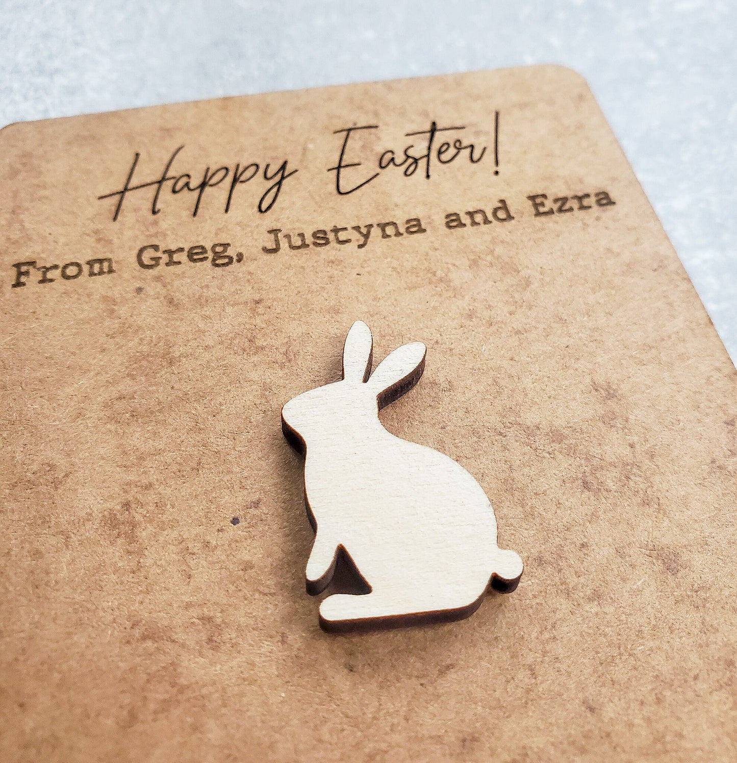 Wooden badge pin brooch with a personalised card | Easter Card | Easter Bunny | Easter Egg | Children Easter Gift|Custom Wooden Easter Decor