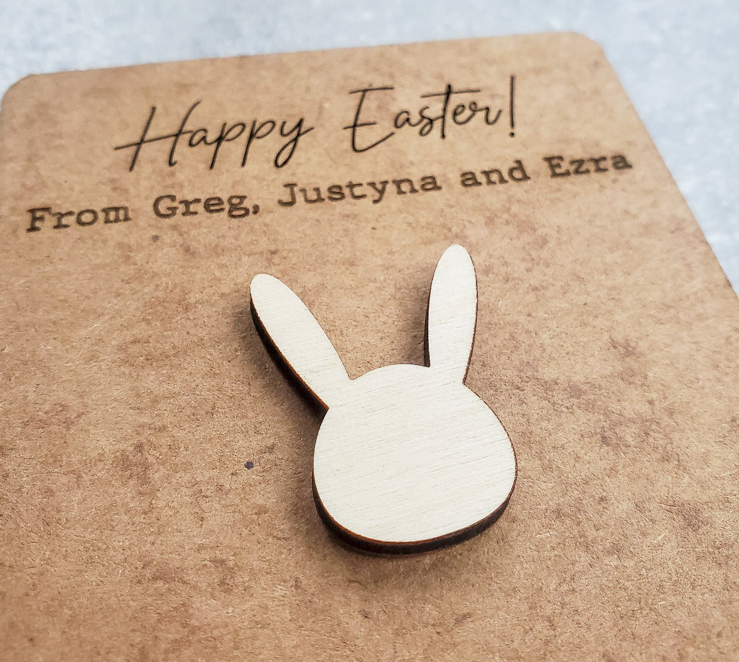 Wooden badge pin brooch with a personalised card | Easter Card | Easter Bunny | Easter Egg | Children Easter Gift|Custom Wooden Easter Decor