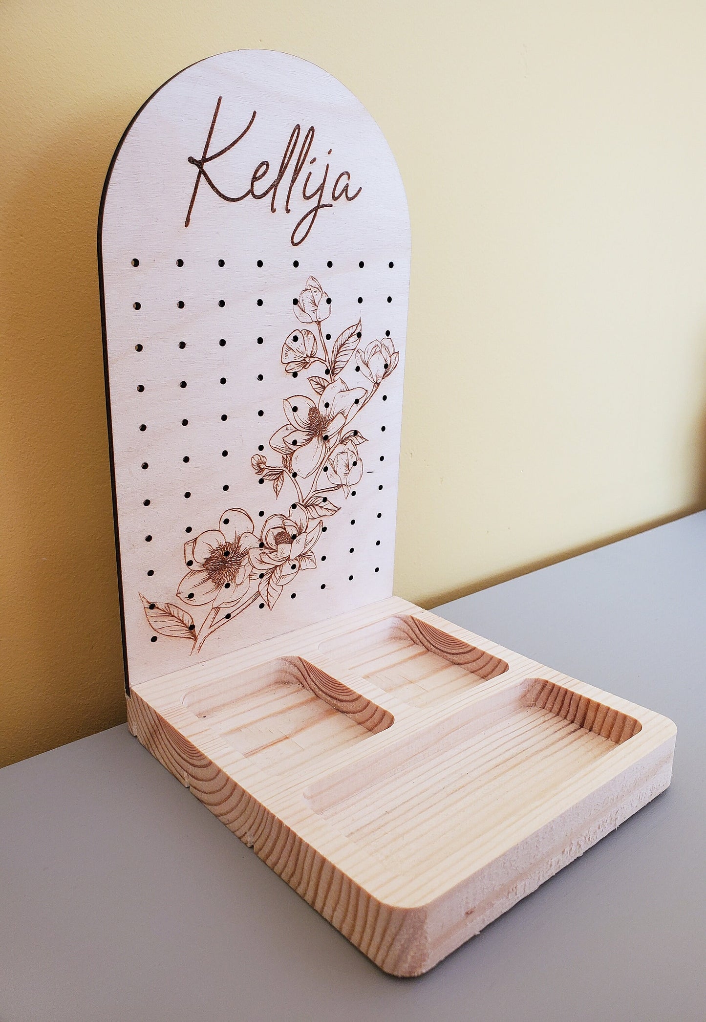 Personalised wooden jewellery tray and earring stand | Floral Earring stand | Boho jewellery display