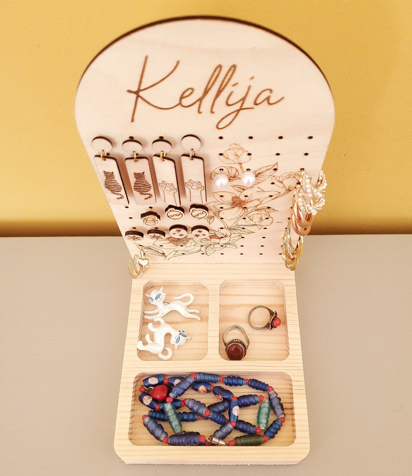 Personalised wooden jewellery tray and earring stand | Floral Earring stand | Boho jewellery display
