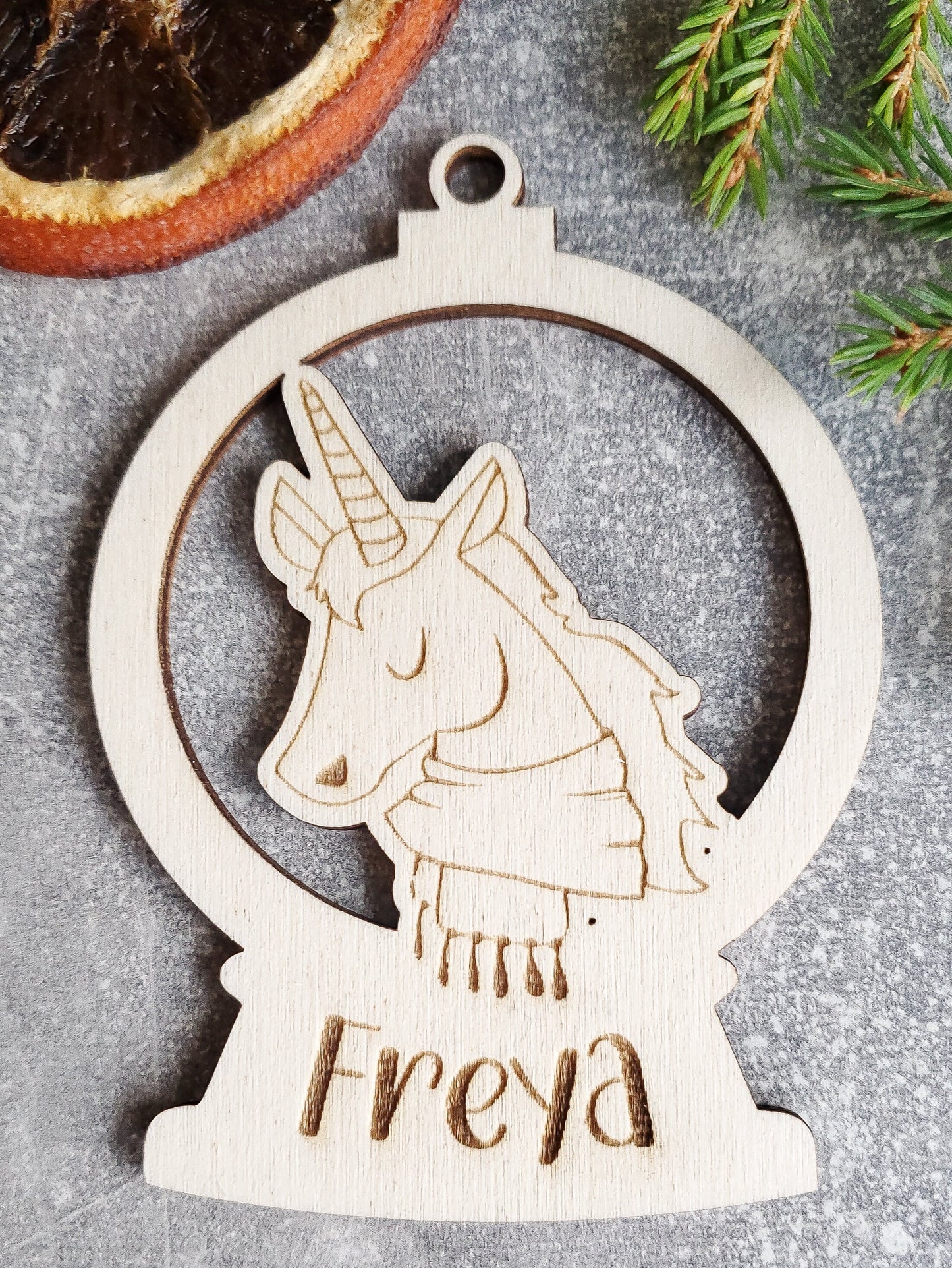 Personalised Christmas unicorn ornament | Christmas bauble | scandi Christmas snowball | engraved | cute Christmas unicorn