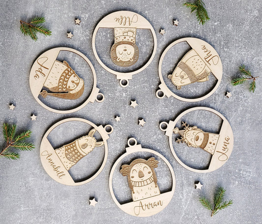 Personalised Christmas ornaments | Christmas bauble | scandi Christmas | engraved wooden Christmas bauble | cute Christmas animals