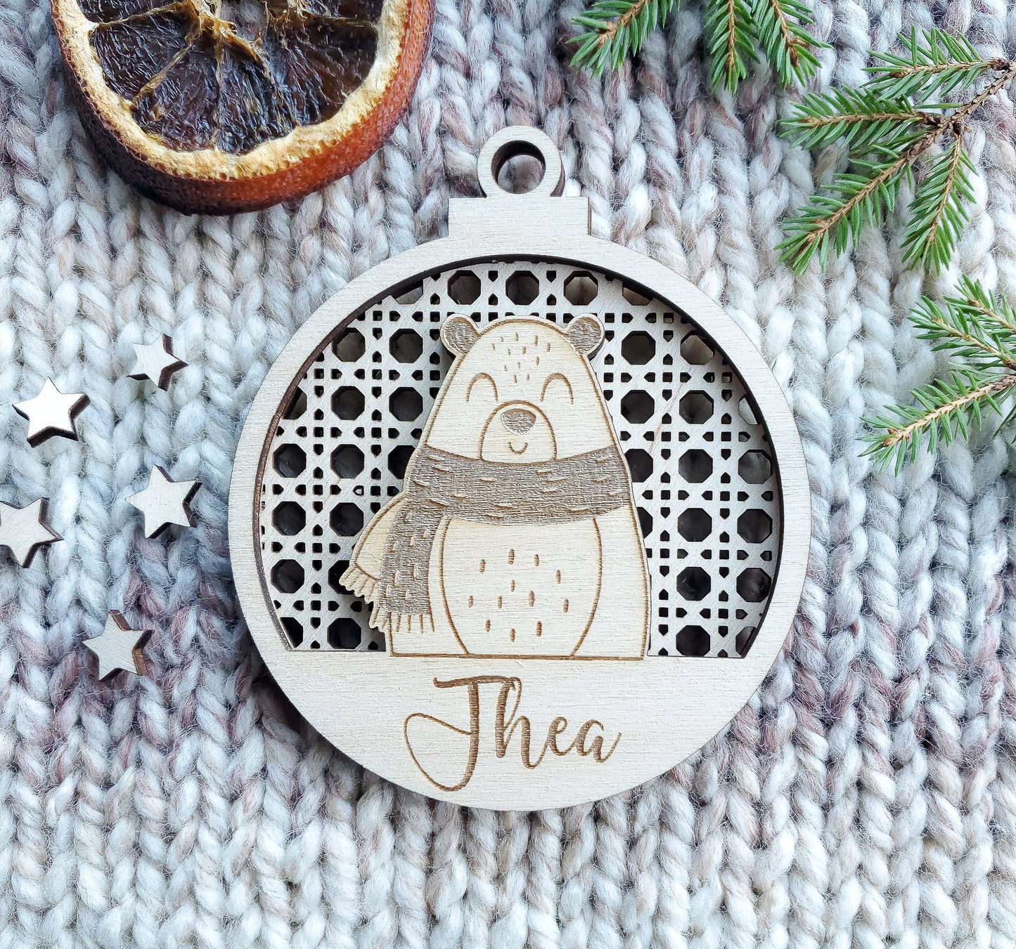 Personalised 3D Christmas ornaments | name Christmas bauble rattan | scandi | engraved wooden Christmas bauble | cute Christmas animals