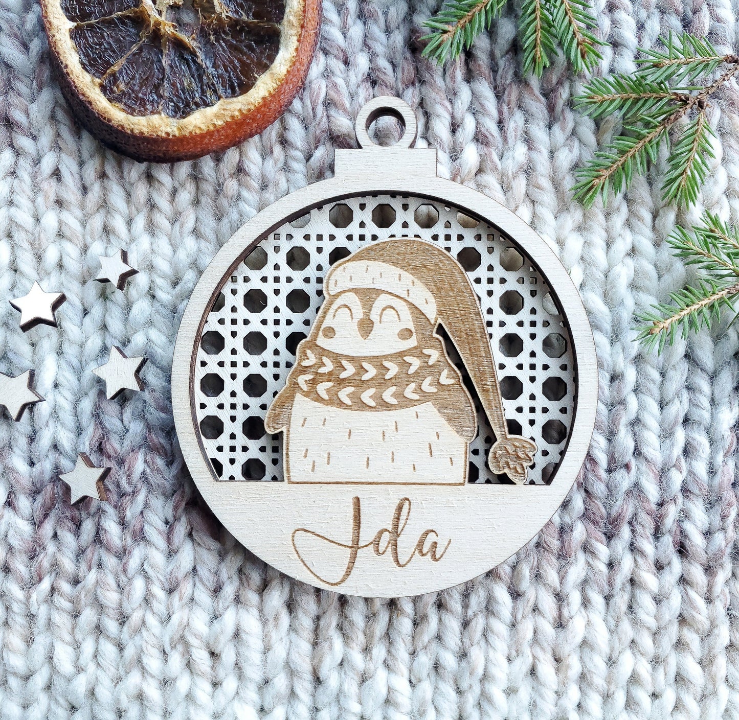 Personalised 3D Christmas ornaments | name Christmas bauble rattan | scandi | engraved wooden Christmas bauble | cute Christmas animals
