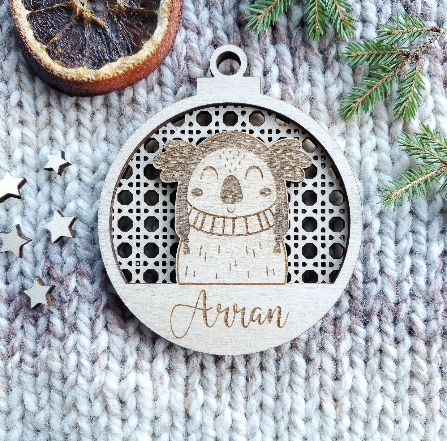 Personalised 3D Christmas ornaments | name Christmas bauble rattan | scandi | engraved wooden Christmas bauble | cute Christmas animals