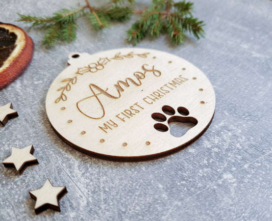 Personalised Engraved Christmas tree dog ornament | Wooden Engraved Christmas puppy bauble | pet name | dog's first Christmas | dog gift