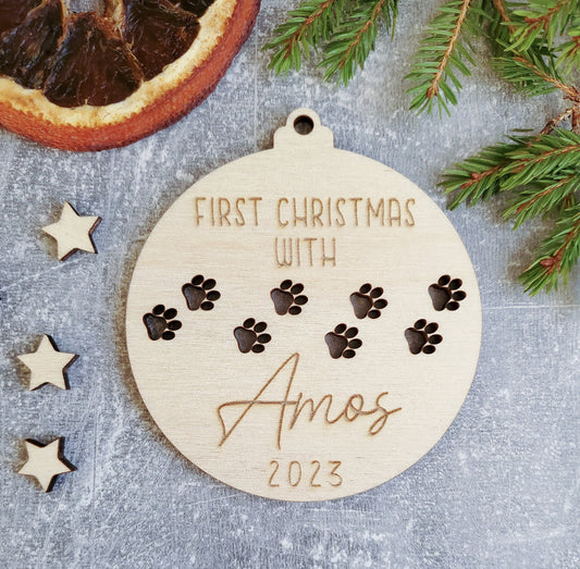 Personalised Engraved Christmas tree dog ornament | Wooden Engraved Christmas puppy bauble | pet name | dog's first Christmas | dog gift