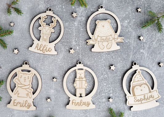 Personalised Christmas ornament | Christmas bauble | scandi Christmas snowball | engraved wooden Christmas bauble | cute Christmas animals