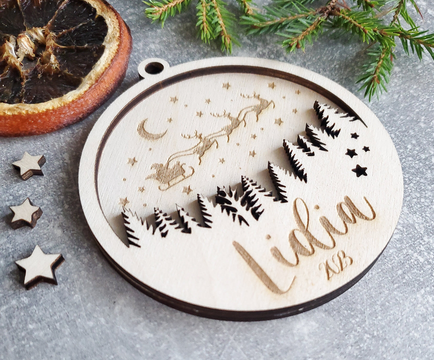 Personalised Christmas 3D tree ornament | Engraved Christmas bauble | wooden name Christmas ornament | double layer wooden Christmas bauble