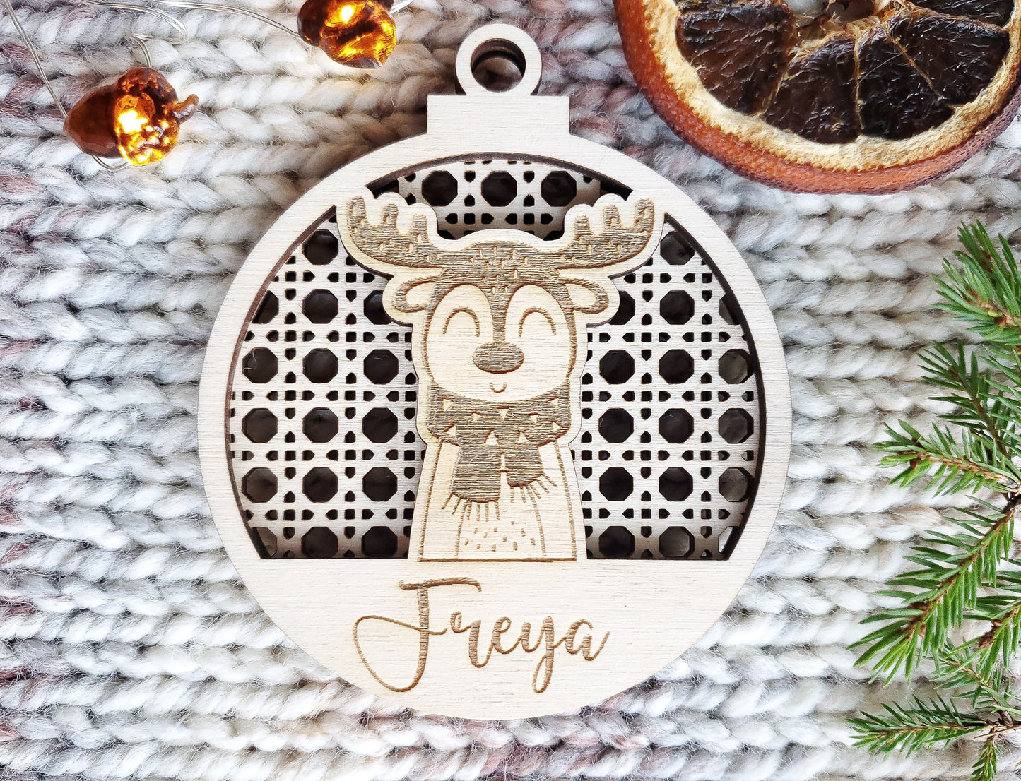 Personalised Christmas 3D tree ornament | Engraved Christmas bauble rattan | wooden name Christmas ornament | Scandi wooden Christmas animal