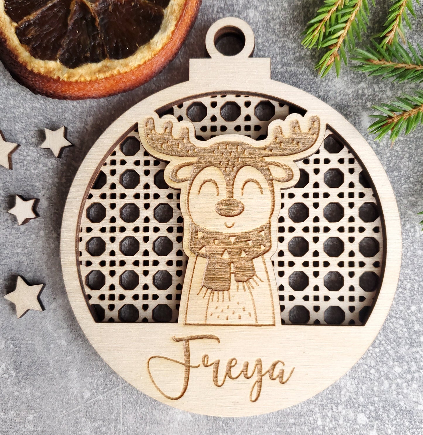 Personalised Christmas 3D tree ornament | Engraved Christmas bauble rattan | wooden name Christmas ornament | Scandi wooden Christmas animal