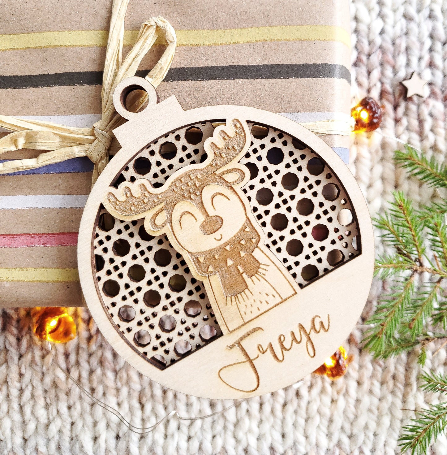 Personalised Christmas 3D tree ornament | Engraved Christmas bauble rattan | wooden name Christmas ornament | Scandi wooden Christmas animal