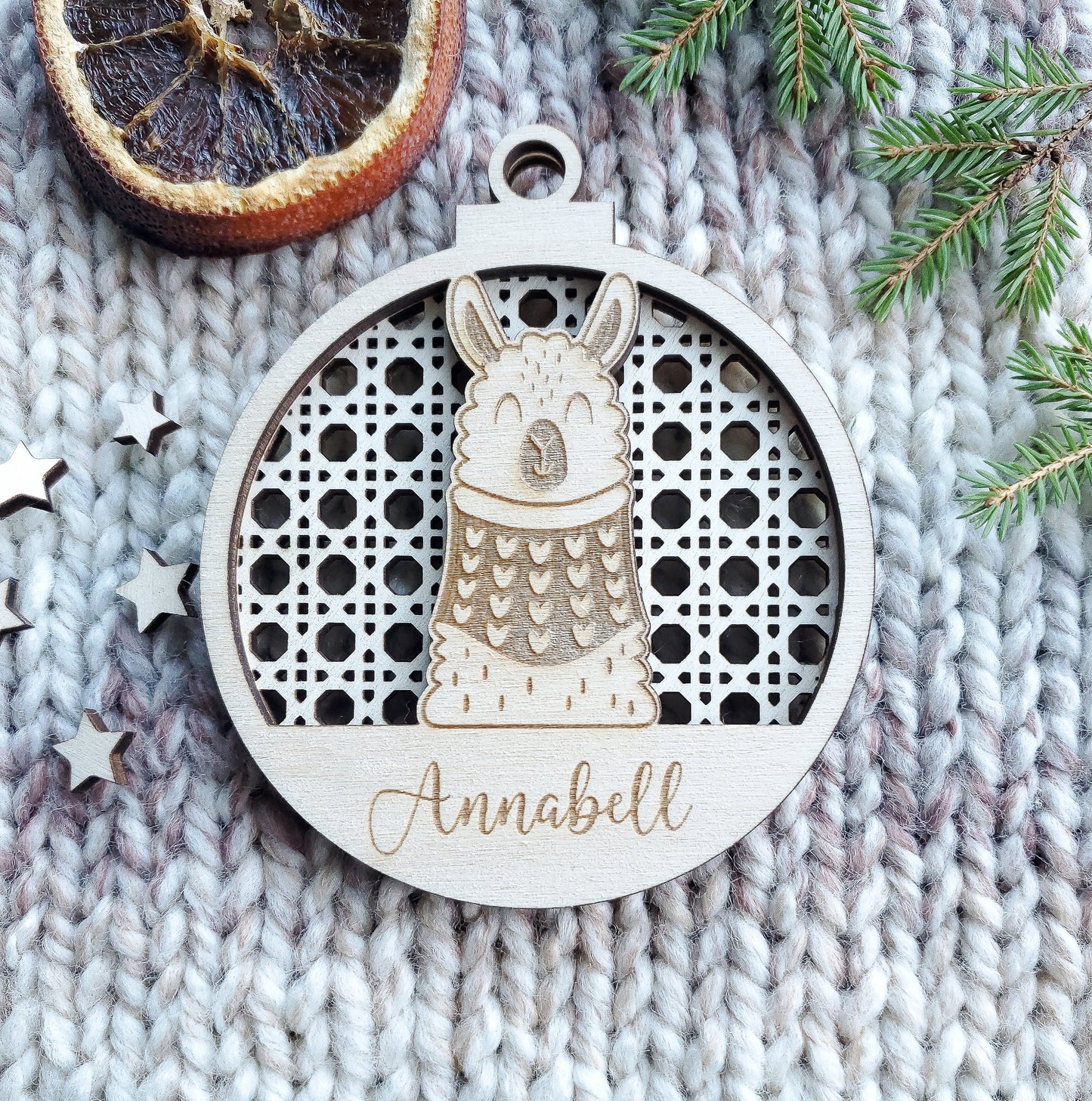 Personalised 3D Christmas ornaments | name Christmas bauble rattan | scandi | engraved wooden Christmas bauble | cute Christmas animals