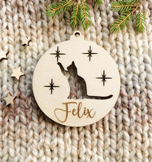 Personalised Christmas tree cat ornament | Engraved Christmas cat bauble | wooden name Christmas ornament | pet name | cat Christmas