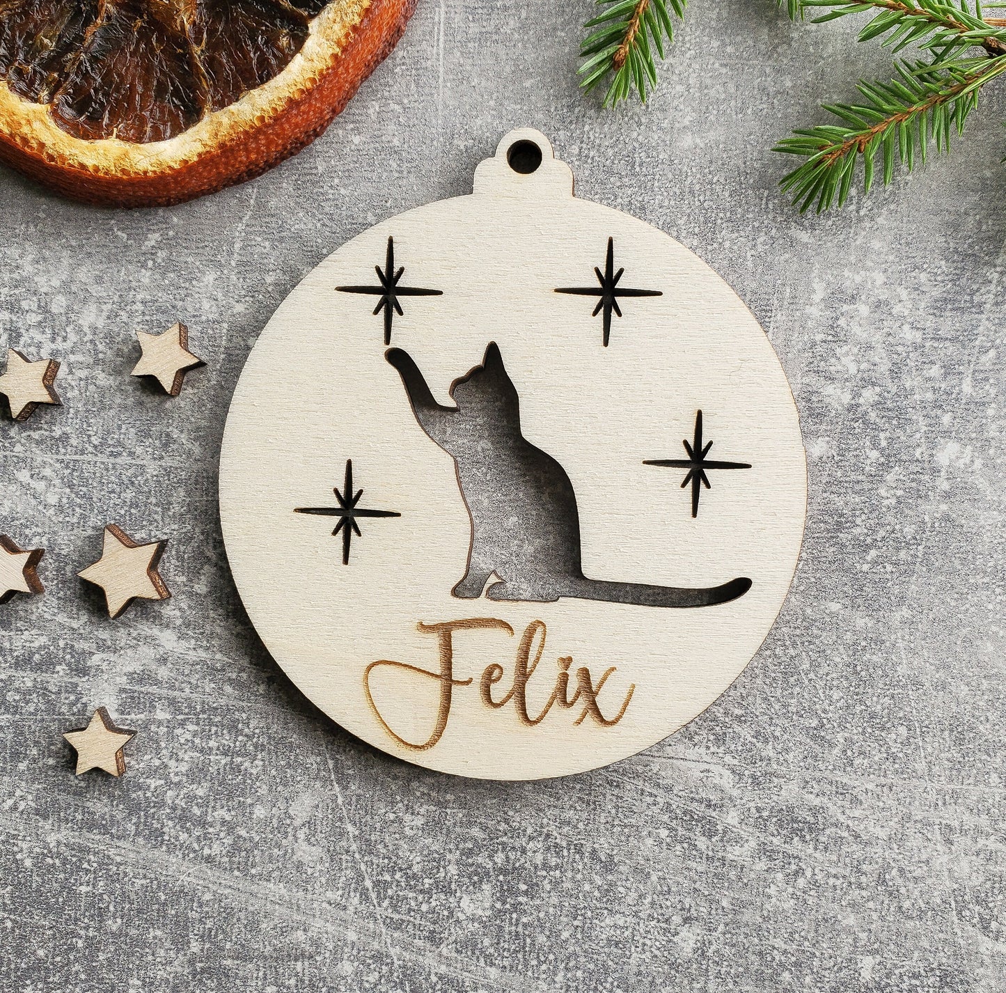 Personalised Christmas tree cat ornament | Engraved Christmas cat bauble | wooden name Christmas ornament | pet name | cat Christmas
