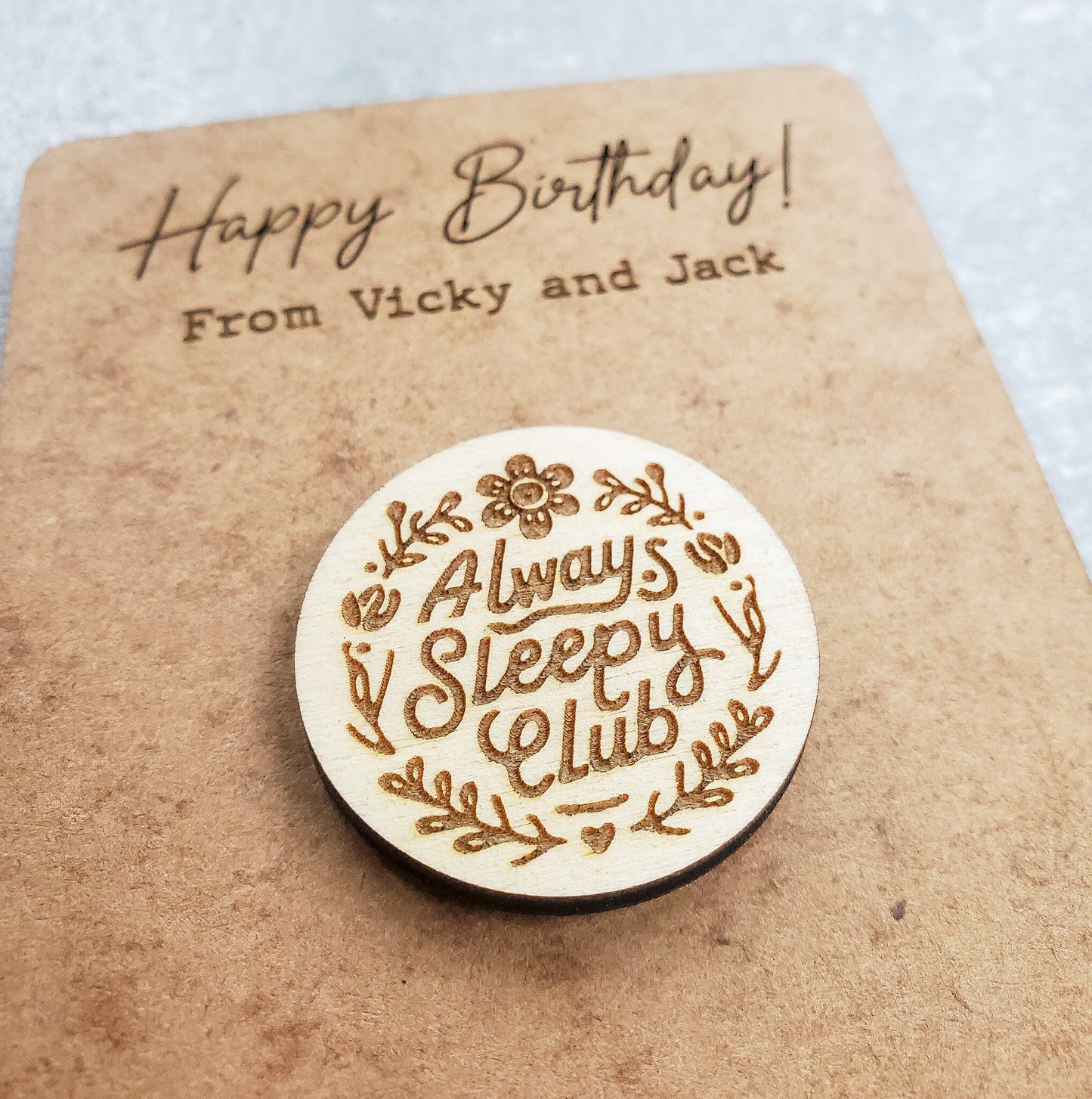 Wooden badge pin brooch with a personalised card | Personalised Birthday Card | Gift for Boyfriend or Girlfriend | Eco Friendly present