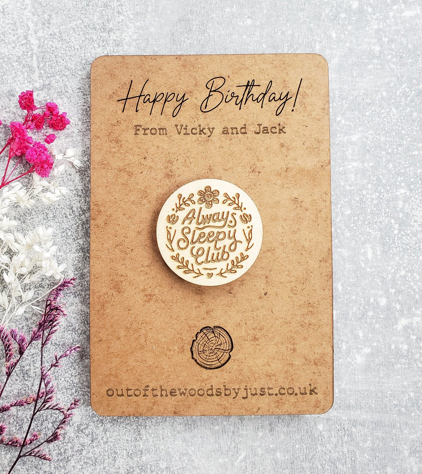 Wooden badge pin brooch with a personalised card | Personalised Birthday Card | Gift for Boyfriend or Girlfriend | Eco Friendly present