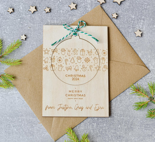 Personalised Wooden Christmas card | Christmas bauble | scandi Christmas card | engraved | card with a Christmas tree ornament bauble