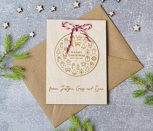Personalised Wooden Christmas card | Christmas bauble | scandi Christmas card | engraved | card with a Christmas tree ornament bauble