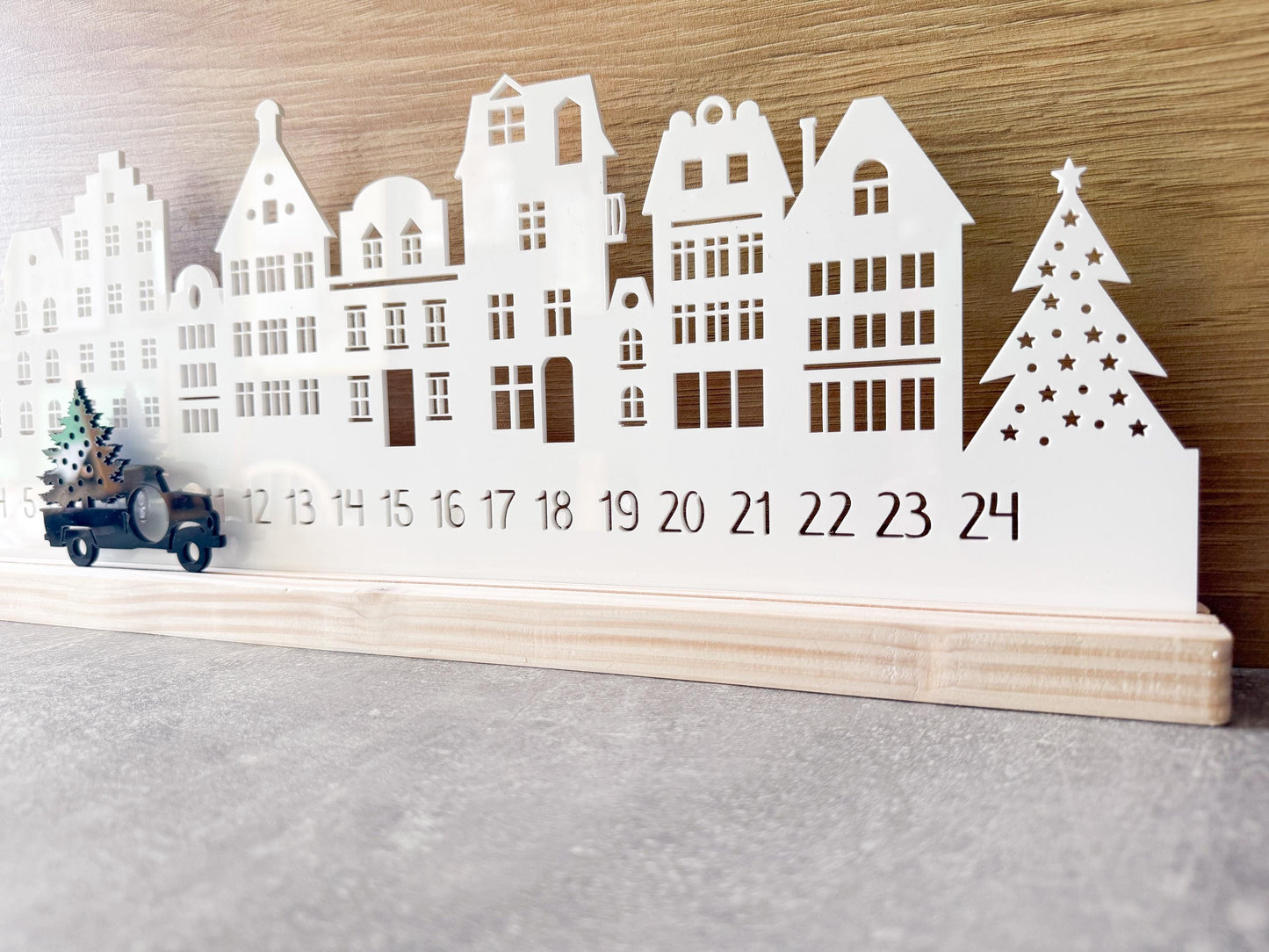 Wooden Christmas Advent Calendar: Recycled Acrylic Village, Scandi Decor