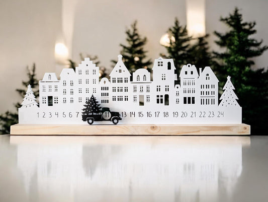 Wooden Christmas Advent Calendar: Recycled Acrylic Village, Scandi Decor