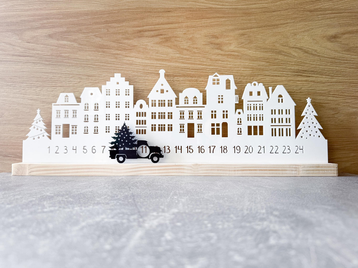 Wooden Christmas Advent Calendar: Recycled Acrylic Village, Scandi Decor