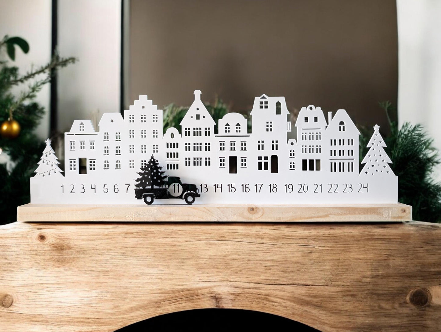 Wooden Christmas Advent Calendar: Recycled Acrylic Village, Scandi Decor