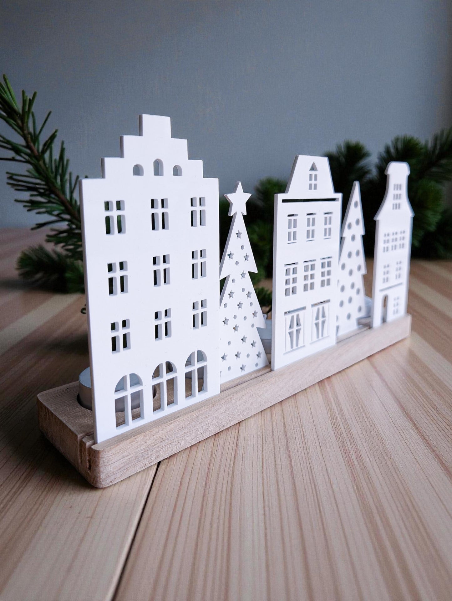 Wooden Christmas Houses tealight holder: Recycled Acrylic Village, Scandi Decor | Bespoke Christmas Decoration | Rustic Christmas Village