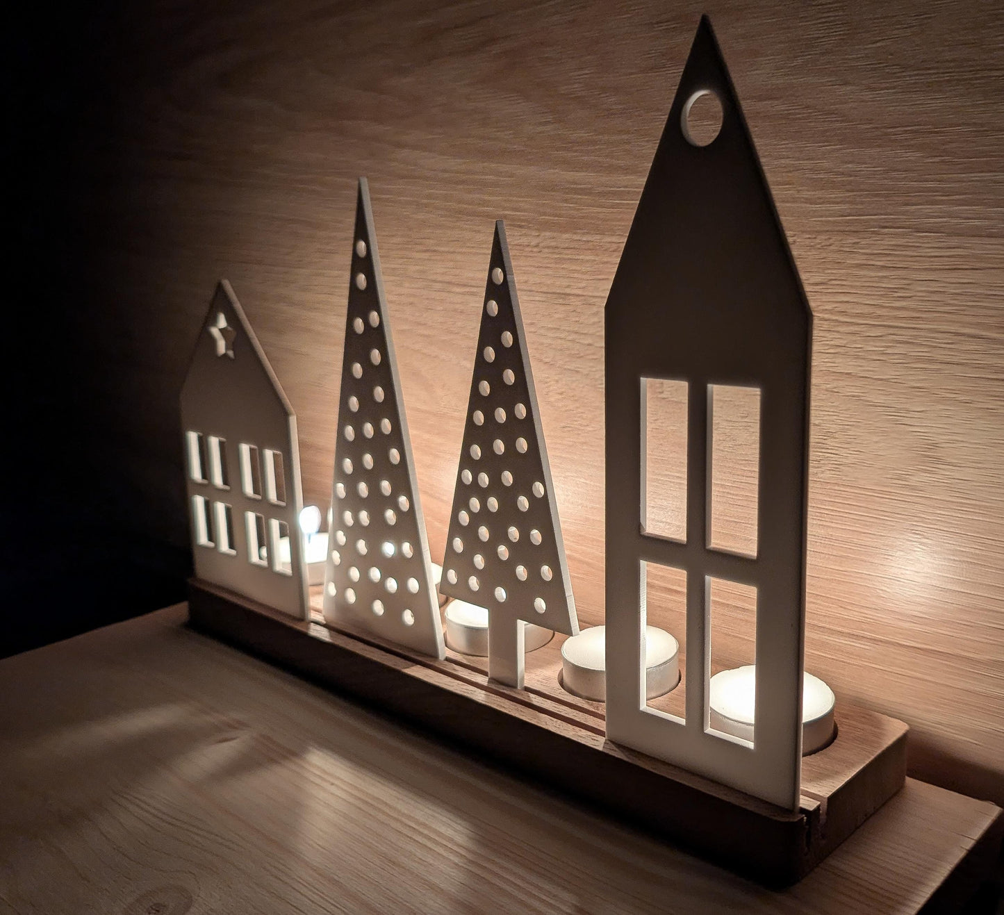 Wooden Christmas Houses tealight holder: Recycled Acrylic Village, Scandi Decor | Bespoke Christmas Decoration | Rustic Christmas Village