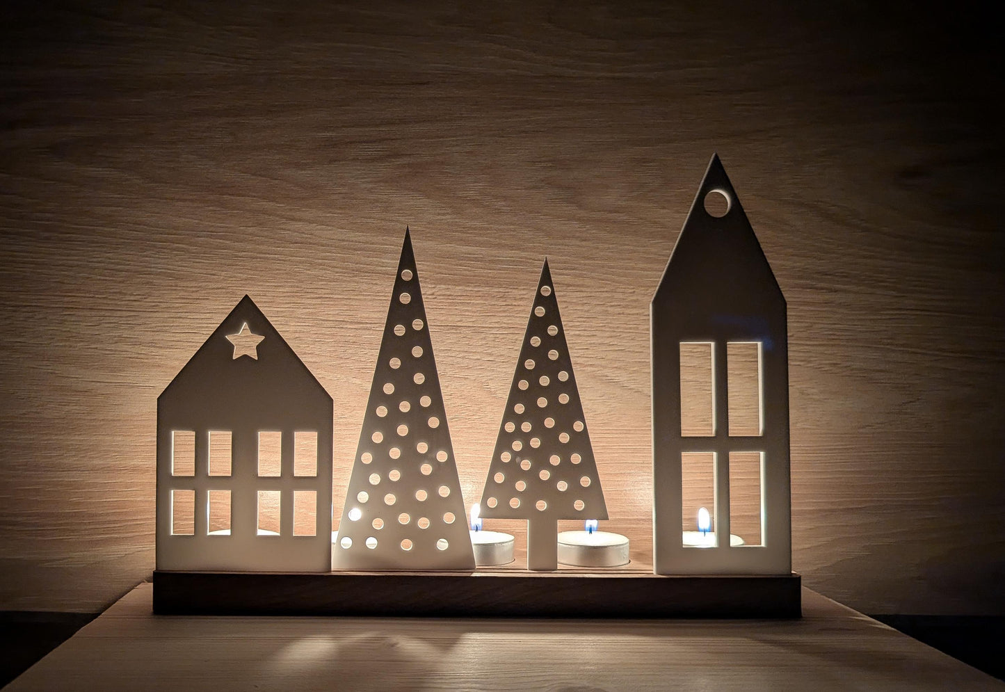 Wooden Christmas Houses tealight holder: Recycled Acrylic Village, Scandi Decor | Bespoke Christmas Decoration | Rustic Christmas Village