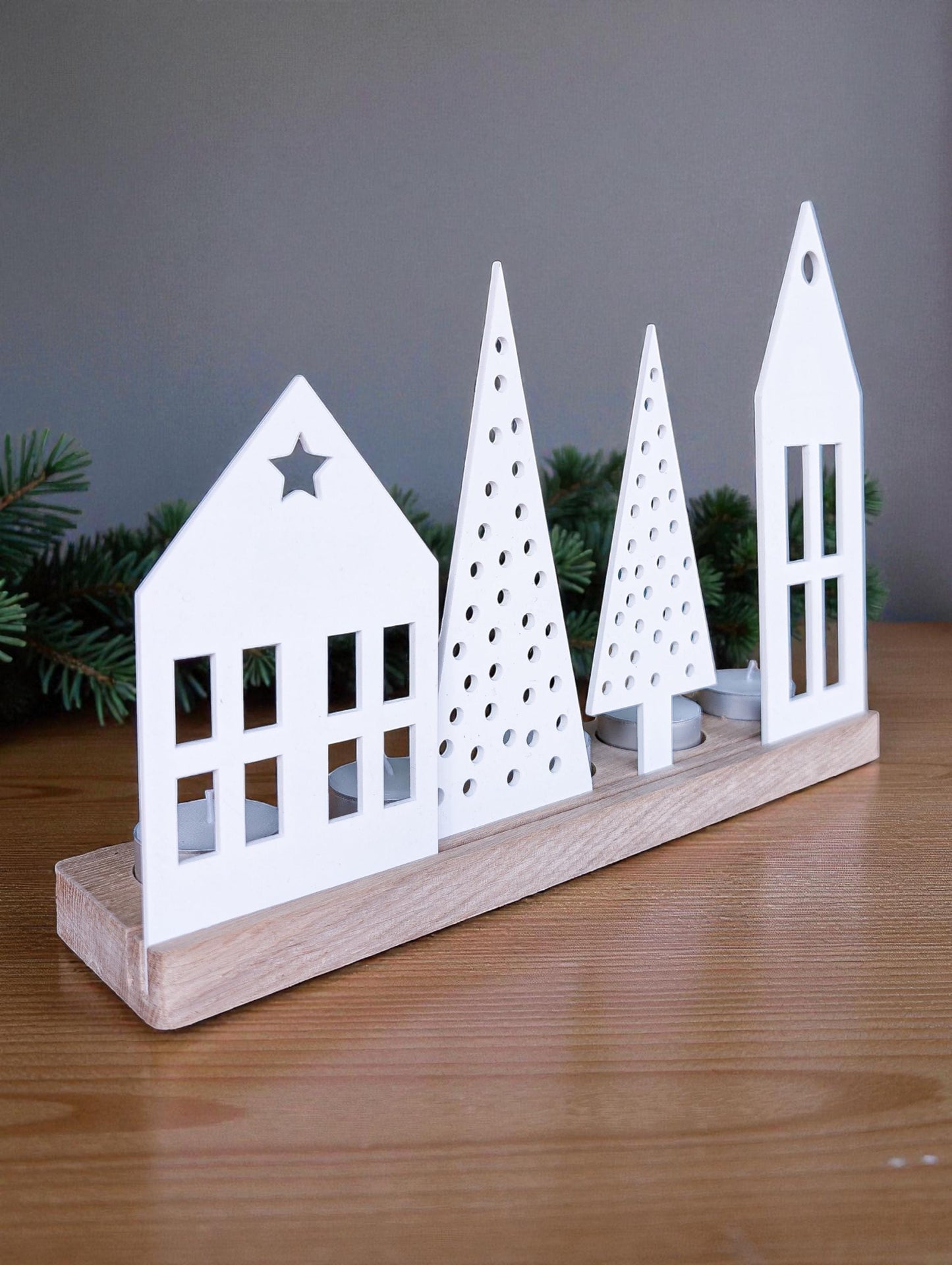 Wooden Christmas Houses tealight holder: Recycled Acrylic Village, Scandi Decor | Bespoke Christmas Decoration | Rustic Christmas Village